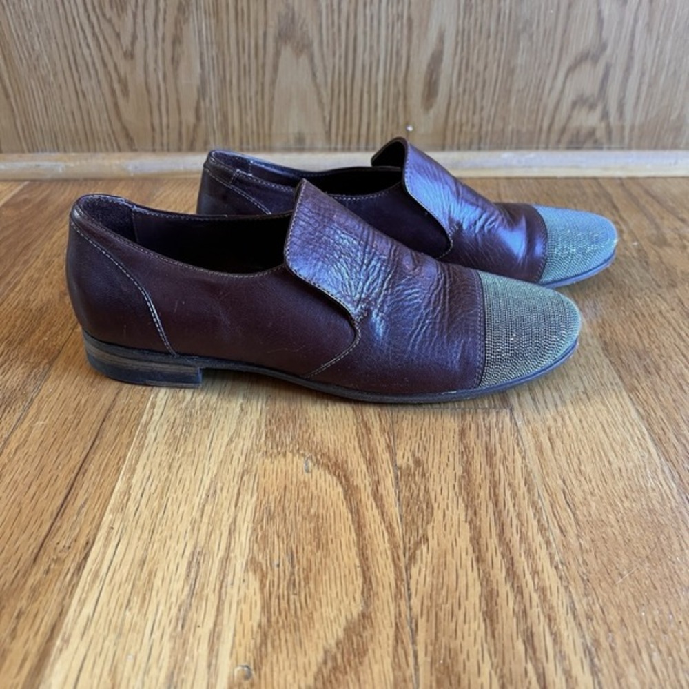 Brunello Cucinelli Metallic Cap Toe Leather Flat 36 Burgundy Luxury Italy Loafer